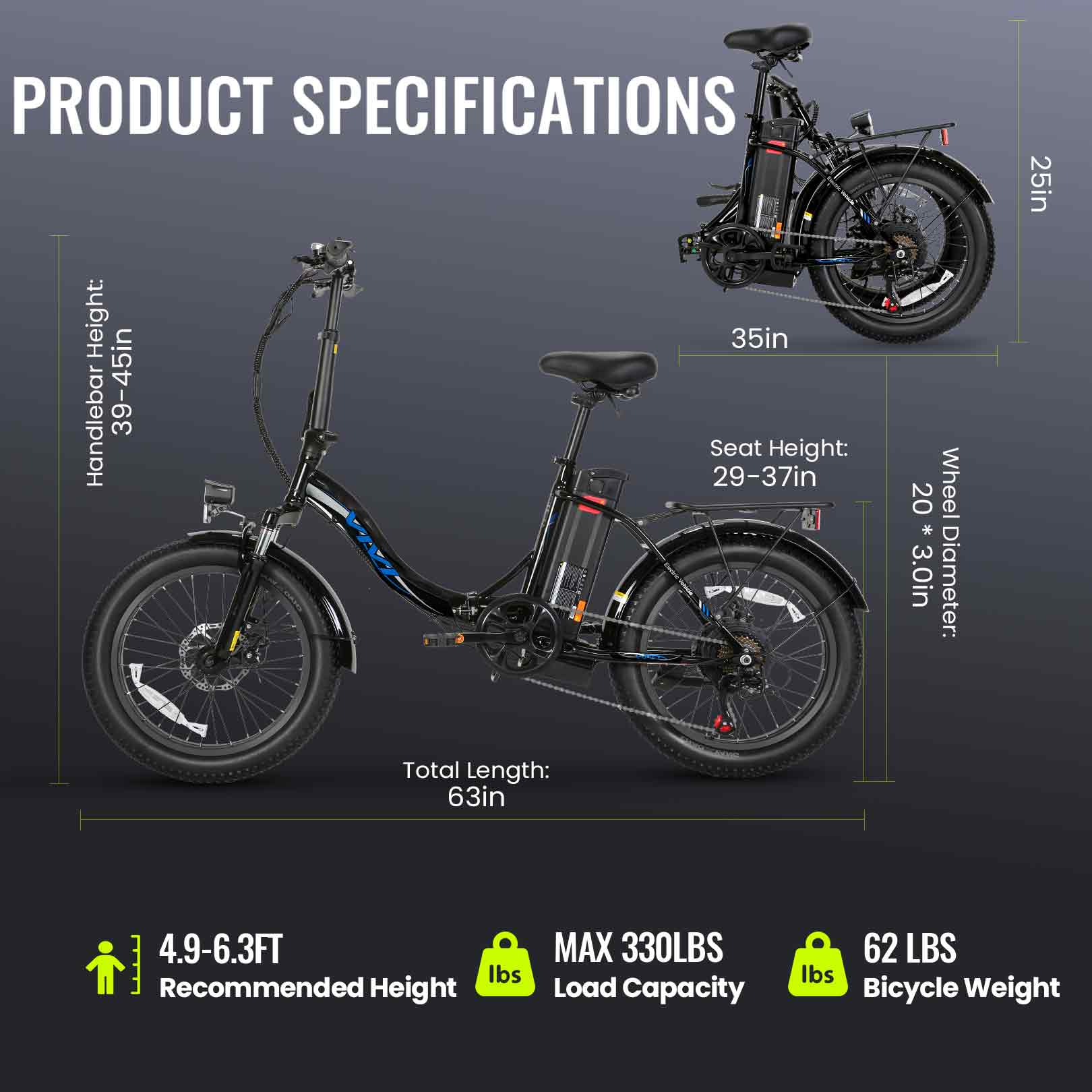 VIVI MT20UL Electric Bike 3.0" Fat Tire Folding Electric Bike SGS Certified to UL2849 8 VIVI MT20UL Electric Bike 3.0" Fat Tire Folding Electric Bike SGS Certified to UL2849